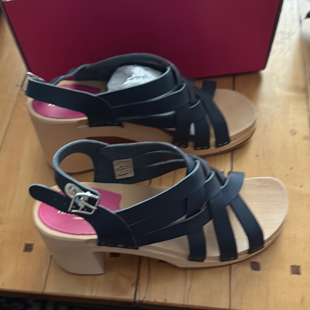 Swedish Hasbeens Navy Blue Leather Mules